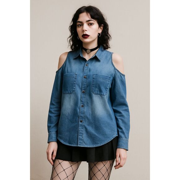 UNIF Blue Cold Shoulder Pearl Snap Button Up Denim Shirt Top   Women's Size XS - Picture 1 of 10